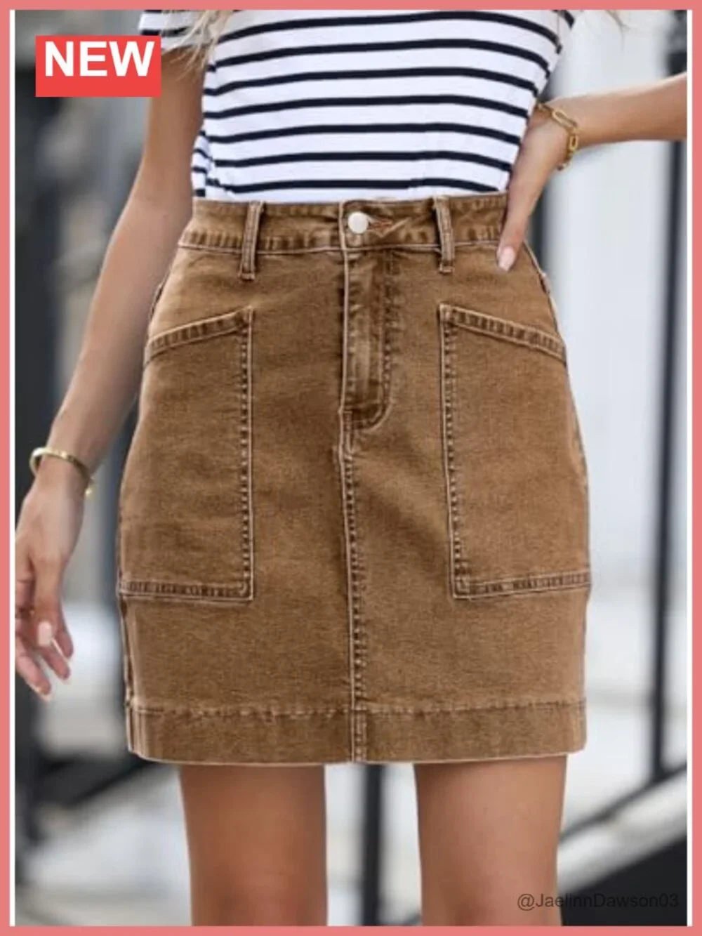 High Waisted Denim Skirt with Pockets Cotton Blend